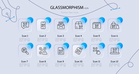 Quar code icon set. Scanner, mail, magnifying glass, search, tag. laptop, box, website, mouse, click. Glassmorphism style. Vector line icon for business and advertising