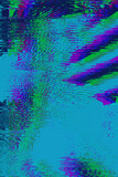 Fototapeta Kwiaty - Abstract blue, green mint and purple background with interlaced digital glitch and distortion effect. Futuristic cyberpunk design. Retro futurism, webpunk, rave 80s 90s cyberpunk techno neon aesthetic