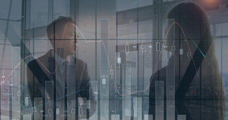 Poster - Image of financial graph over diverse businessmen and businesswoman talking