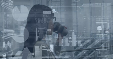 Poster - Image of data processing over asian businesswoman walking