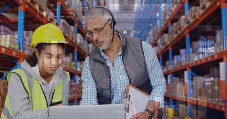 Poster - Image of data processing over people working in warehouse