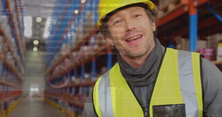 Poster - Image of data processing over man working in warehouse