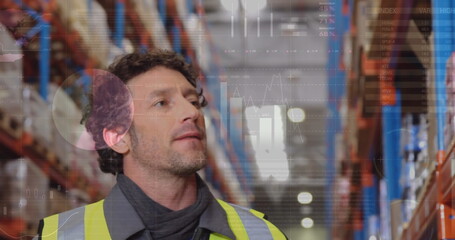 Sticker - Image of data processing over man working in warehouse