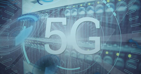 Poster - Image of 5g text, scopes scanning and data processing over server