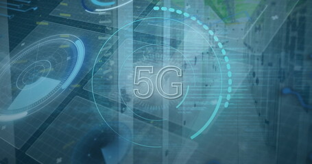 Poster - Image of 5g text, scopes scanning and data processing over servers