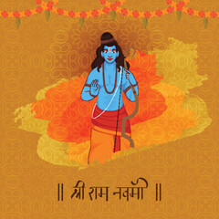 Sticker - Shri Ram Navami (Birthday of Lord Rama) Greeting Card with Hindu Mythological Lord Rama Character on Yellow and Red Brush Stroke Effect Background.