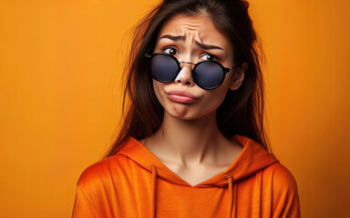 Wall Mural - Portrait of stylish young woman in synglasses on orange background