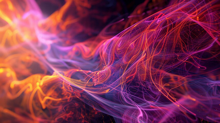 Poster - Abstract background with colorful glowing lines and flames, smoke swirls in the air, dark purple color scheme, high resolution, dramatic lighting, in the style of a hyper realistic and highly detailed