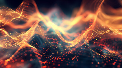 Poster -  Abstract background with glowing orange and red waves of light, connecting dots in the air. The concept symbolizes data transfer speed on dark blue background