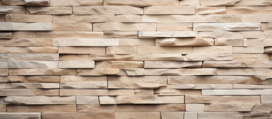 Wall Mural - A detailed closeup of a brown stone wall with a brick pattern, showcasing the intricate rectangular shapes. The building material resembles hardwood flooring in shades of beige
