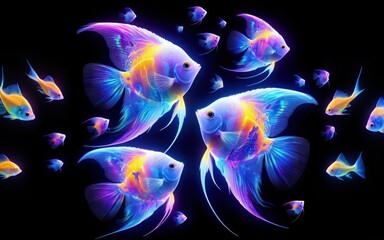 Wall Mural - Fluorescent fish swim in a group. Illustration of an aquarium or underwater world
