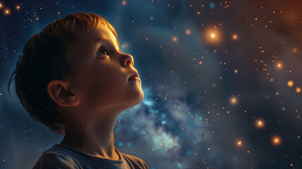 A small child stood in the dark of night while looking up at the sky filled with sparkling stars. Ai Generated Images