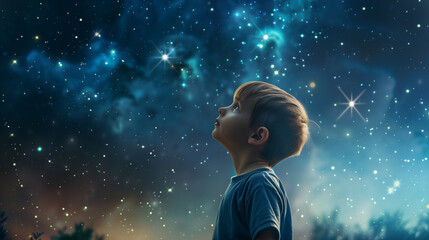 Wall Mural - A small child stood in the dark of night while looking up at the sky filled with sparkling stars. Ai Generated Images