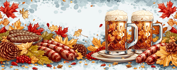Wall Mural - Oktoberfest wallpaper, beer background with fall leaves, beer and snack