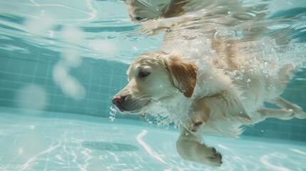Wall Mural - Funny underwater picture of puppies in swimming pool playing deep dive action training game with family pets and popular dog breeds during summer holidays. recreation, relax
