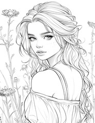 Wall Mural - Portrait Girl with a flower. Coloring book antistress for children and adults. Black and white illustration