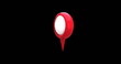 Red map pin icon zooms and hovers on black background in 4K.