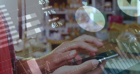 Poster - Image of statistics and data processing over woman using smartphone