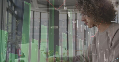 Poster - Image of statistics and data processing over man using laptop
