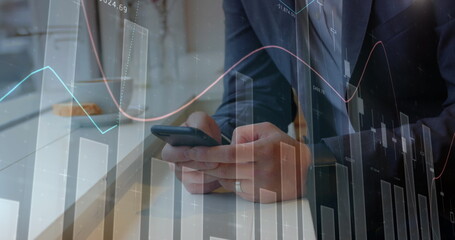 Aufkleber - Image of statistics and data processing over businessman using smartphone