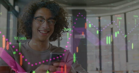 Sticker - Image of statistics and data processing over man using smartphone