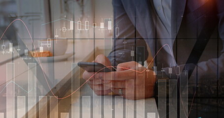 Aufkleber - Image of statistics and data processing over businessman using smartphone