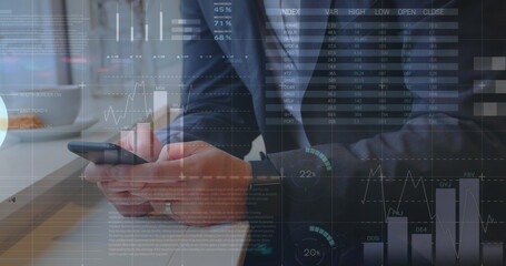 Aufkleber - Image of statistics and data processing over businessman using smartphone