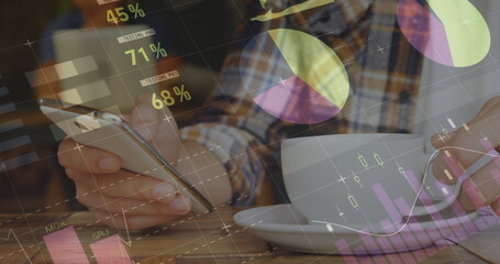 Poster - Image of statistics and data processing over man using smartphone