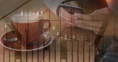 Poster - Image of statistics and data processing over man using smartphone