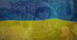 Image of radar and caucasian soldier over flag of ukraine