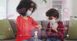 © vectorfusionart - Image of diagram over biracial mother with son disinfecting hands with face masks