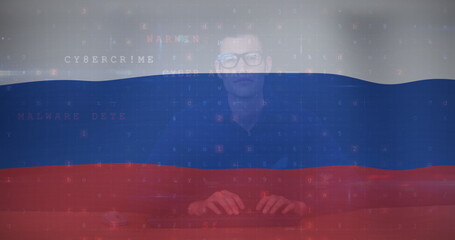 Poster - Image of caucasian male hacker over flag of russia