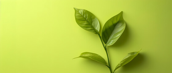 Wall Mural - A green leaf is on a clean green background, freshness and vitality