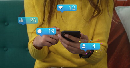 Poster - Image of social media reactions over hands of caucasian woman using smartphone