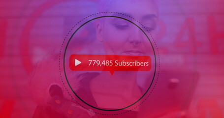 Poster - Digital image shows woman using phone with rising subscriber numbers on a red bubble.