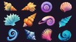 The set contains sea shells and snail conches as well as horned, spiral and scallop clams from a nautical aquarium or a marine aquarium for use as game icons. Cartoon modern illustration set of cute