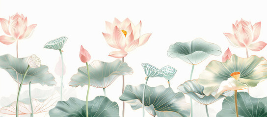  Pastel Pink and Mint Green Lotus Illustration on White Background