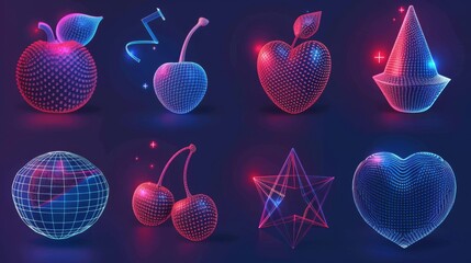 Poster - modern illustration of abstract wireframe shapes, y2k mesh cube, globe, heart, cherry, pillar, star,