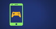 Game controller image bounces on phone screen with yellow and green on dark blue in 4K.