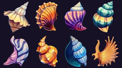 Wall Mural - Modern cartoon illustration of contemporary colored mollusc, snail, oystel shells, marine beach and seabed design elements, exotic souvenir set.