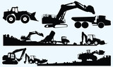 Fototapeta Dinusie - construction truck, site and machine silhouettes vector illustration
