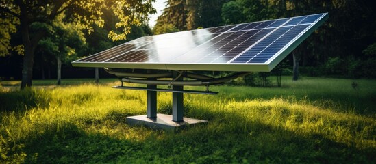 Poster - A solar panel is installed in the midst of a lush, green grassy field, harnessing sunlight to generate clean solar energy in a natural landscape