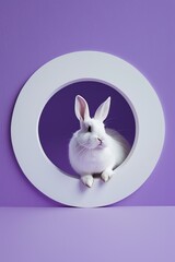 Wall Mural - A rabbit is looking out of a hole in a purple wall