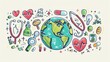 Hand drawn comic doodle style earth, heart, stethoscope, pill concept for World Health Day, 7 April. Design for banner, campaign, social media posts, etc.