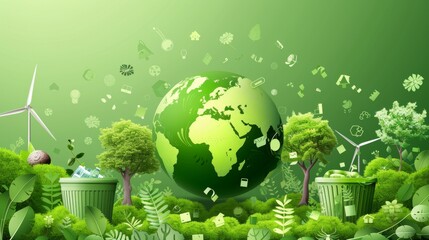 Wall Mural - An eco-friendly illustration design for web, banner, campaign, social media posts. Save the earth, globe, recycle bin, tree, windmill are some of the elements in this design.