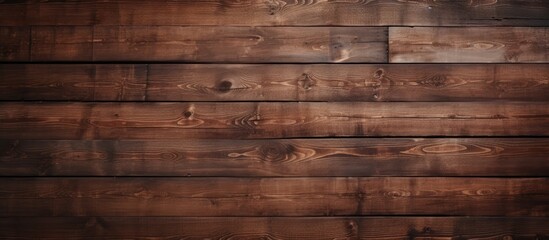 Sticker - A closeup shot of a hardwood plank wall with a brown wood stain, showcasing the tints and shades of the building material. Background is blurred, resembling brickwork