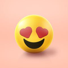 In love with hearts as eyes Emoji stress ball on shiny floor. 3D emoticon isolated.
