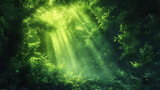 Fototapeta Mapy - An awe-inspiring image of a dense green forest bathed in sunlight beams and floating particles
