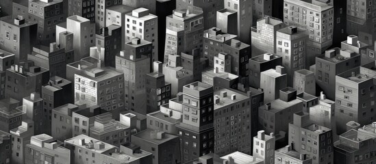 Wall Mural - A monochromatic image capturing the urban design of a city with numerous tower blocks and skyscrapers in the residential area, creating a striking cityscape against the skyline