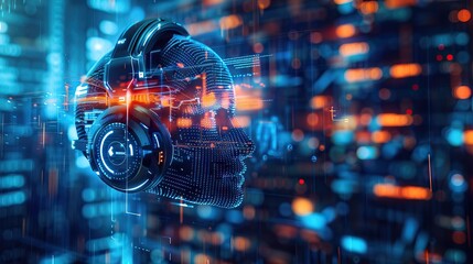 Aufkleber - AI-powered customer service headset, holographic interface. Ideal for futuristic customer support and tech themes
